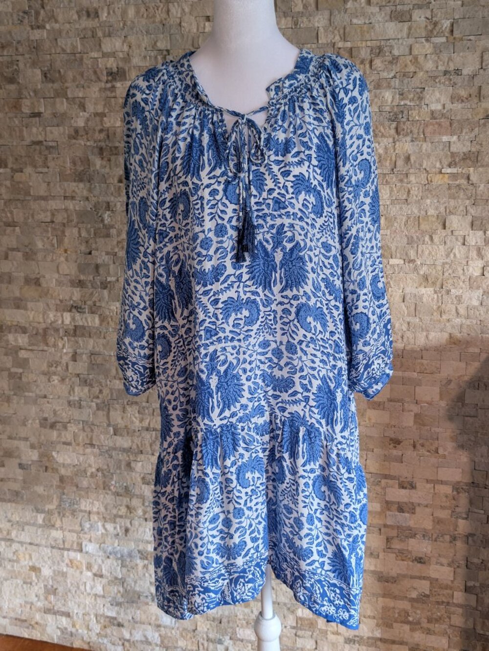 Natalie Martin Stevie Silk Drop Waist Dress L Blue White Tassel Boho Mini Resort